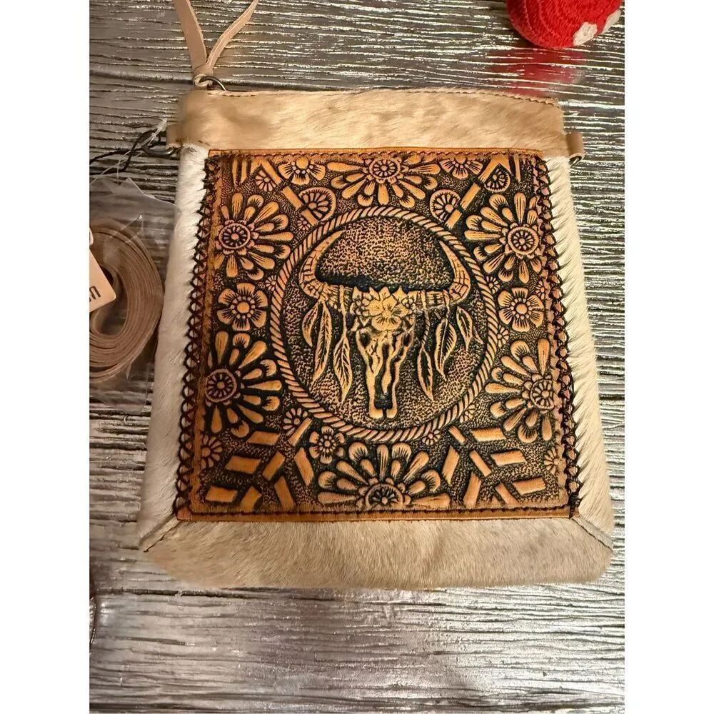RG Collection Western Tooled Cow Hide Calf Hair Crossbody Bag NWT